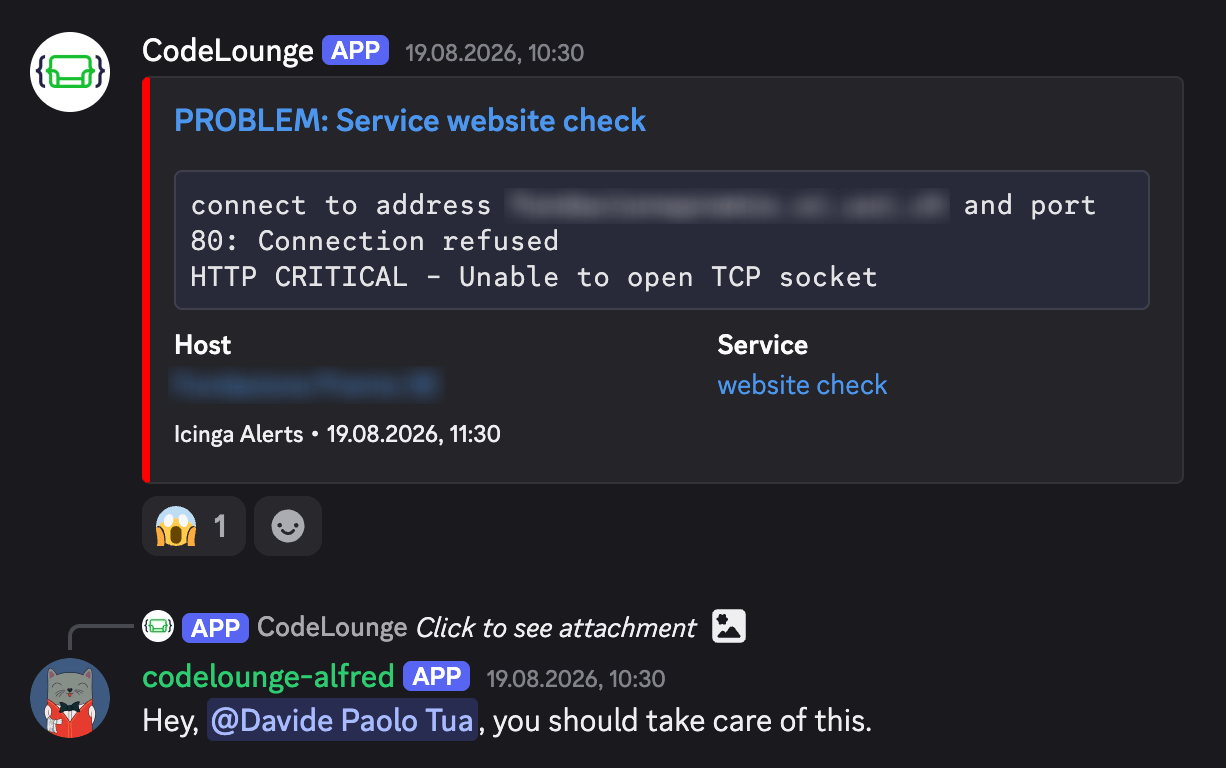 Screenshot of a critical Icinga alert for a website check in the #monitoring channel (host blurred), with Alfred's 😱 reaction and its reply mentioning the maintenance assignee of the week